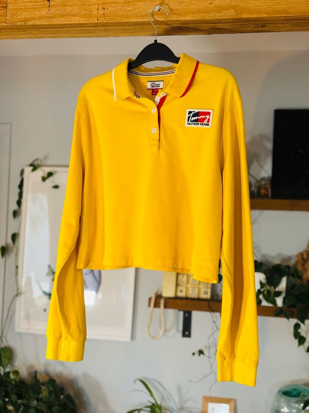 Tommy Hilfiger Denim Long Sleeve Polo – Vintage 90s Yellow Patch Logo – Size L
